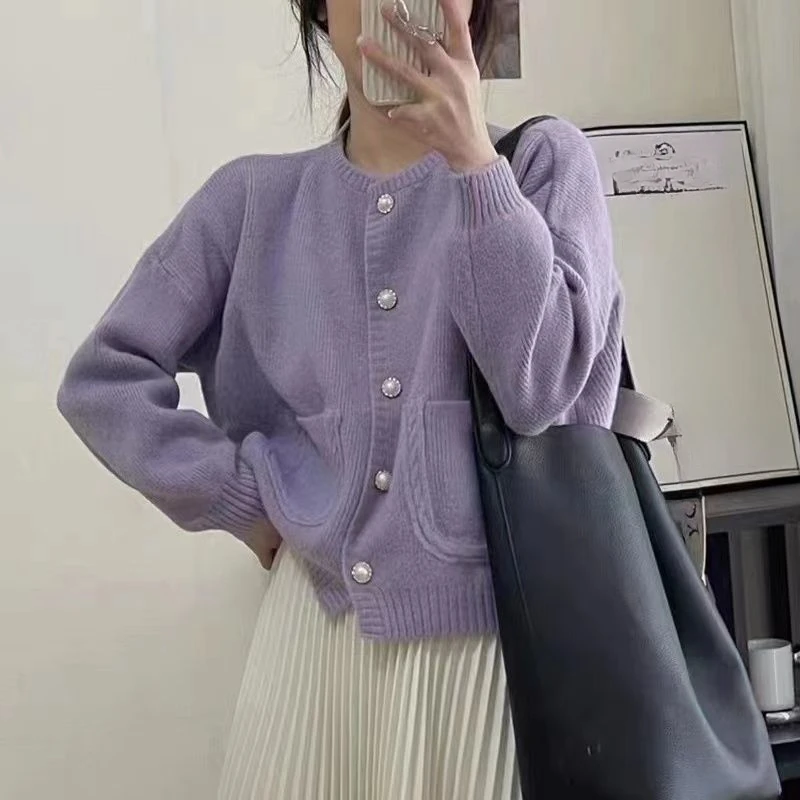 DAYIFUN Solid Color Short Women's Cardigan Single Breasted Round Neck Long Sleeved Sweaters Korean Lady's Pocket Versatile Tops