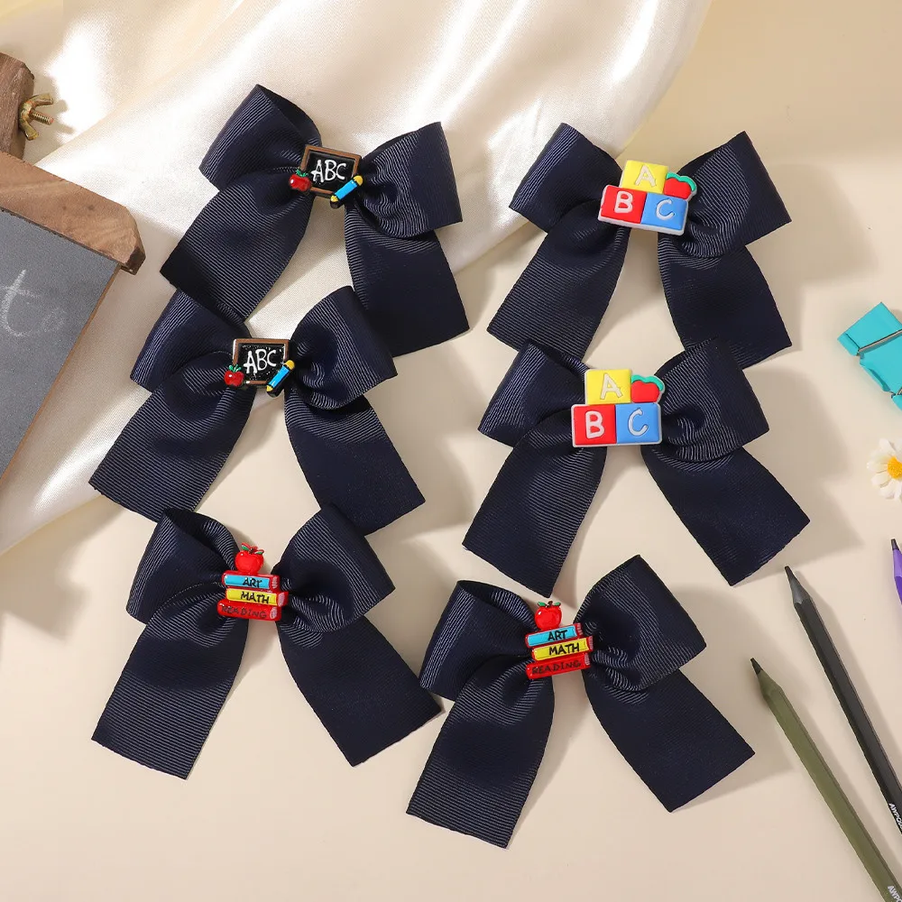 2Pcs Girls Back-to-school Hair Clips Navy Blue Ribbon Bowknot  ABC Blackboard Book Decor Duck Bill Barrettes Uniform Accessories