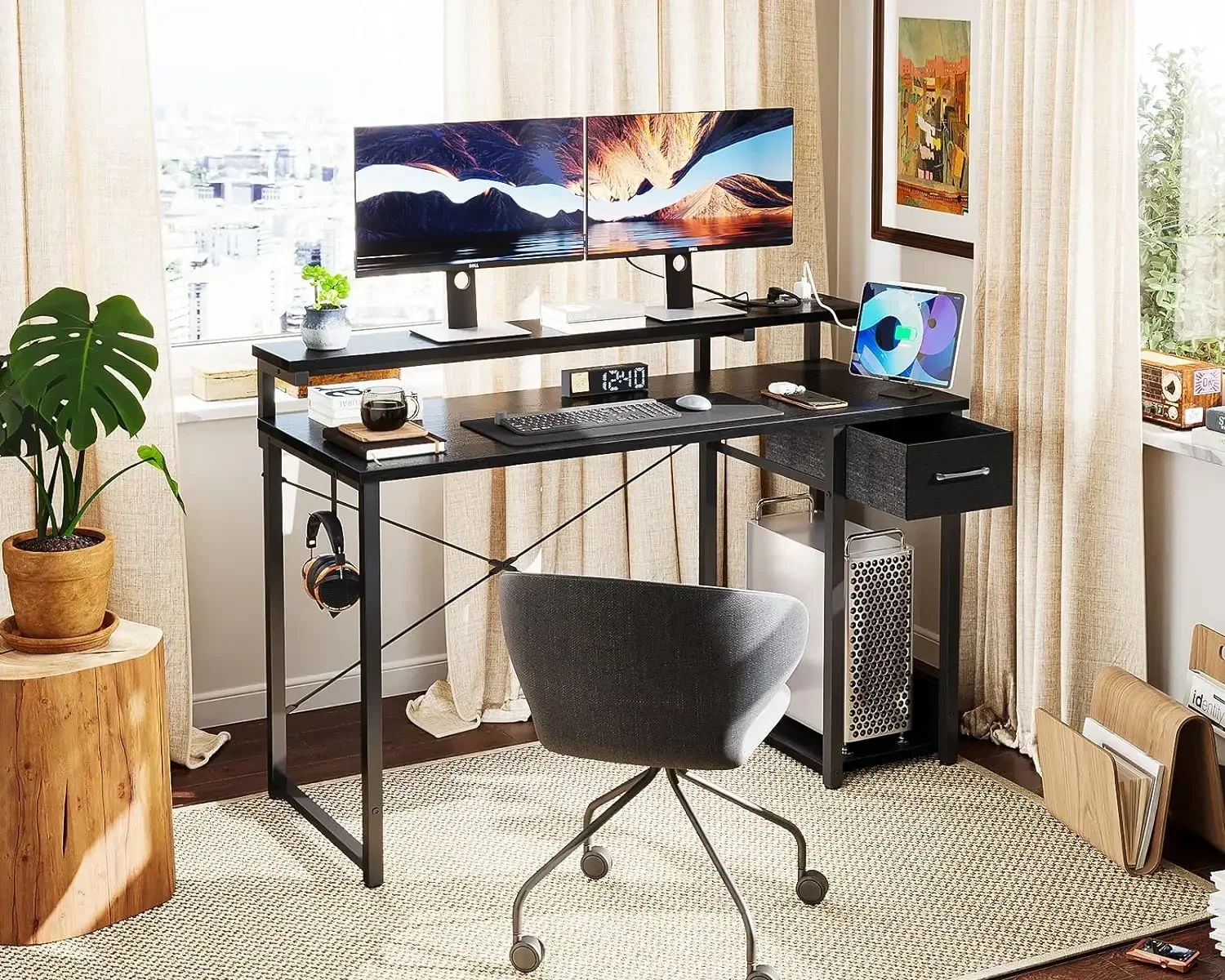 Gaming Computer Desk with Power Outlet & LED Light Strip, 48 Inch Home Office Desk Writing Desk W/ A Drawer & Storage Shelf