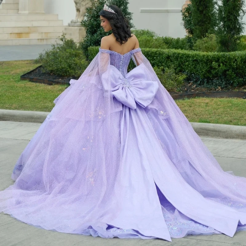 Lavender Shiny Quinceanera Dresses Ball Gown Off The Shoulder Applique Lace Beads Bow With Cape Tull Sweet 16 Dress Vestidos 15