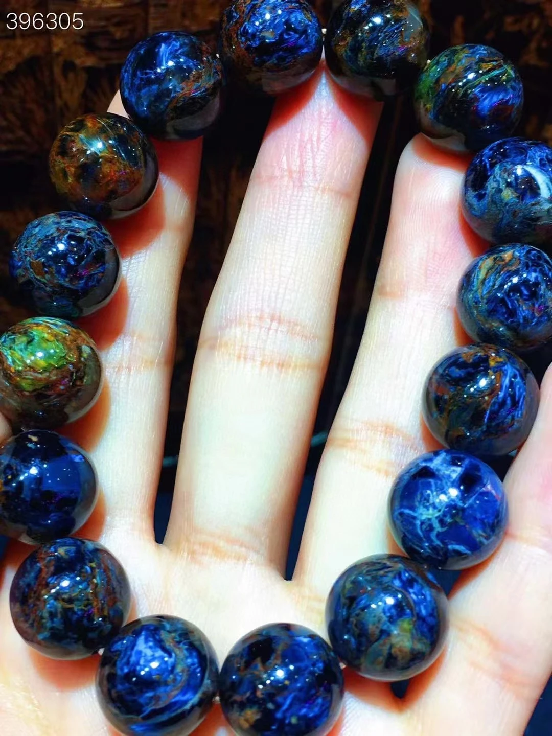 

Genuine Natural Blue Yellow Pietersite Women Men Bracelet Round Beads 13.4mm Chatoyant Cat Eye Namibia AAAAA