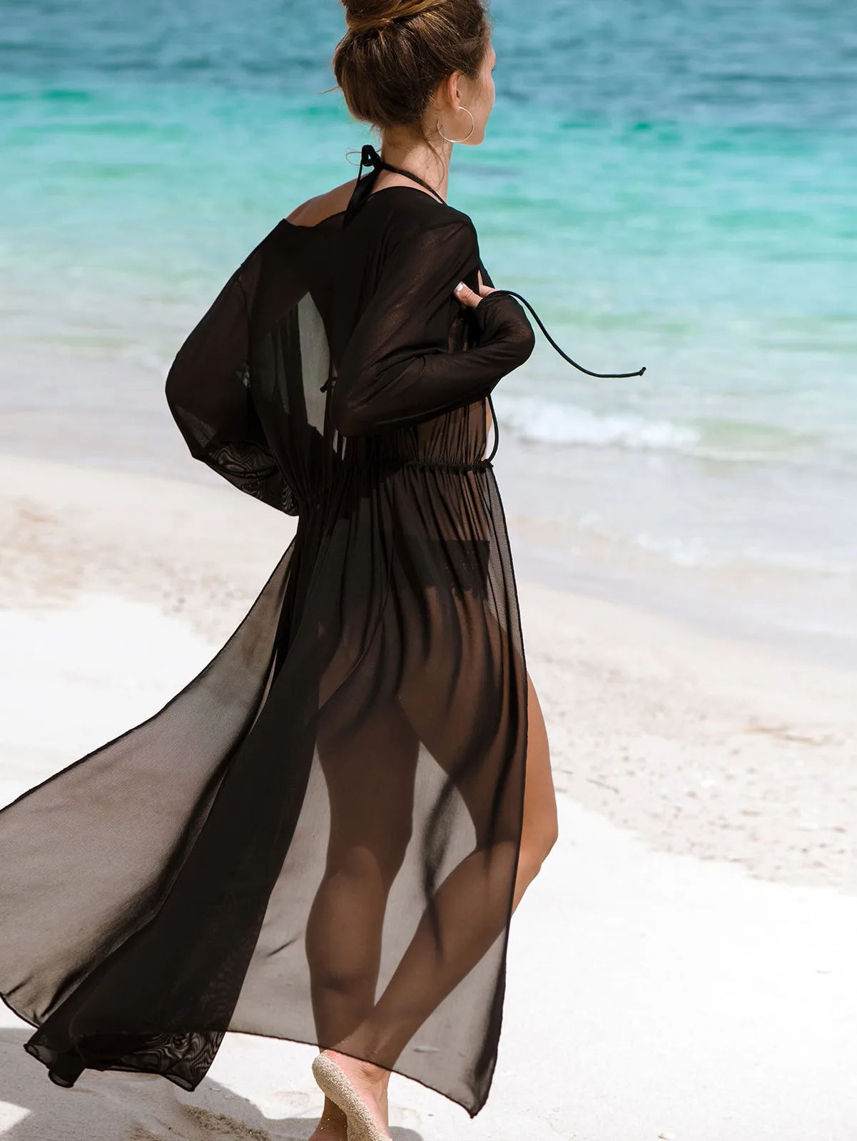 Robe de plage en maille noire, tunique longue, paréos, cover up pour les maillots de bain, vêtements de plage, 2023