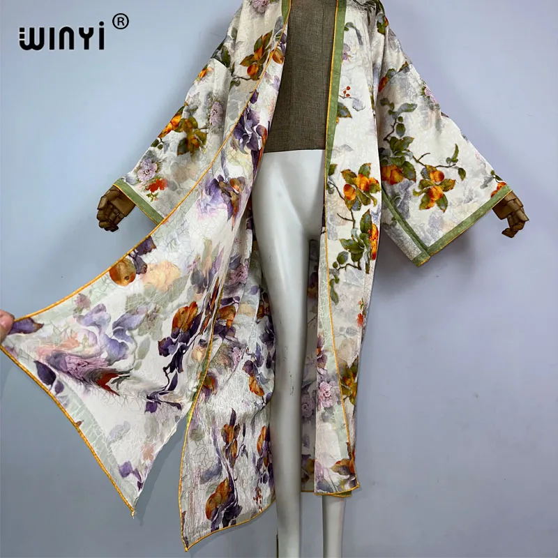 WINYI kimono jesienne wysokiej jakości dwustronne nadruki sukienka jedwabna plażowe kardigan w stylu Boho eleganckie okrycie plażowe damskie Kimono