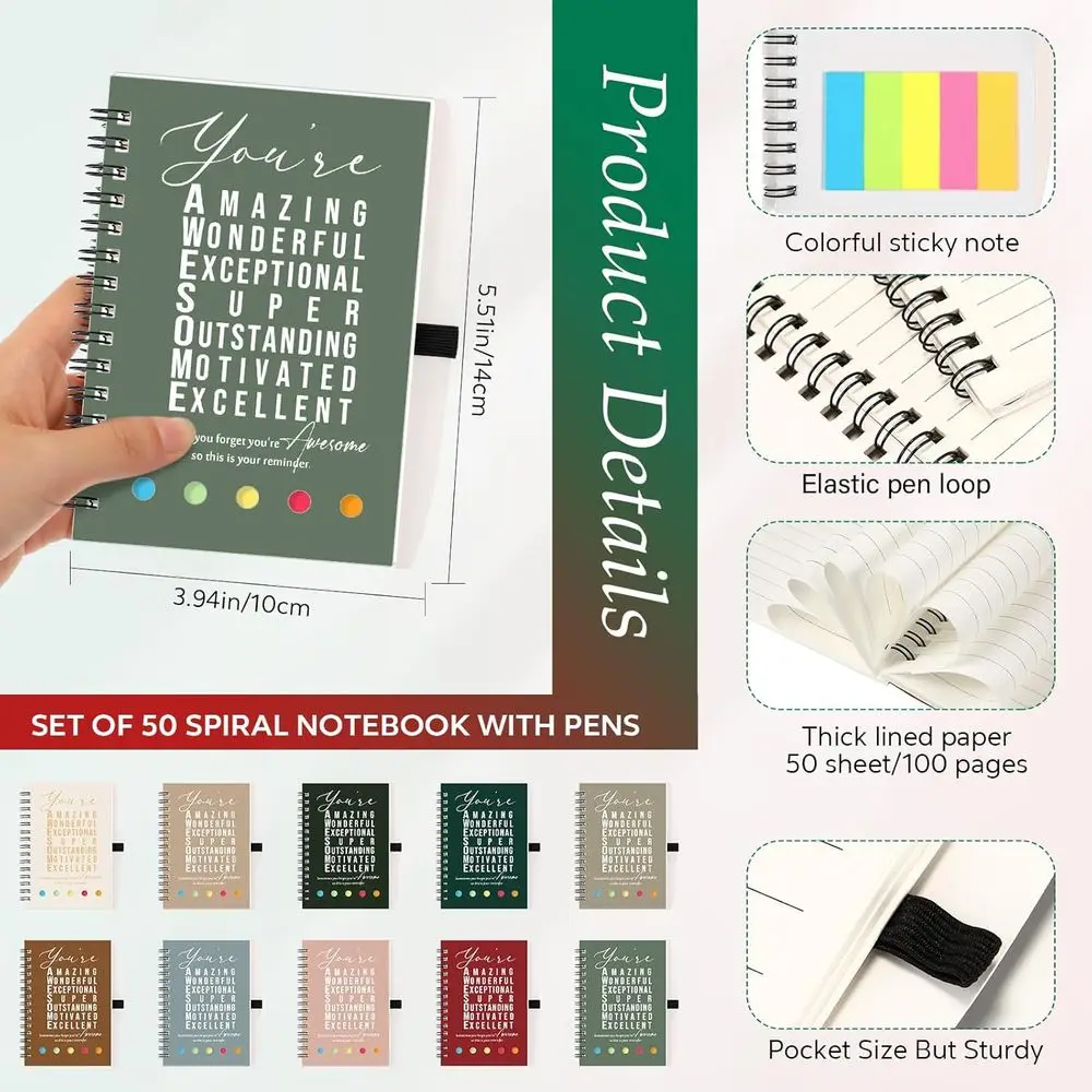 50 مجموعة من دفاتر الملاحظات الحلزونية الملهمة مكونة من 100 صفحة مع ملاحظات لاصقة - هدية كبيرة لتقدير موظف عيد الميلاد والفريق #2