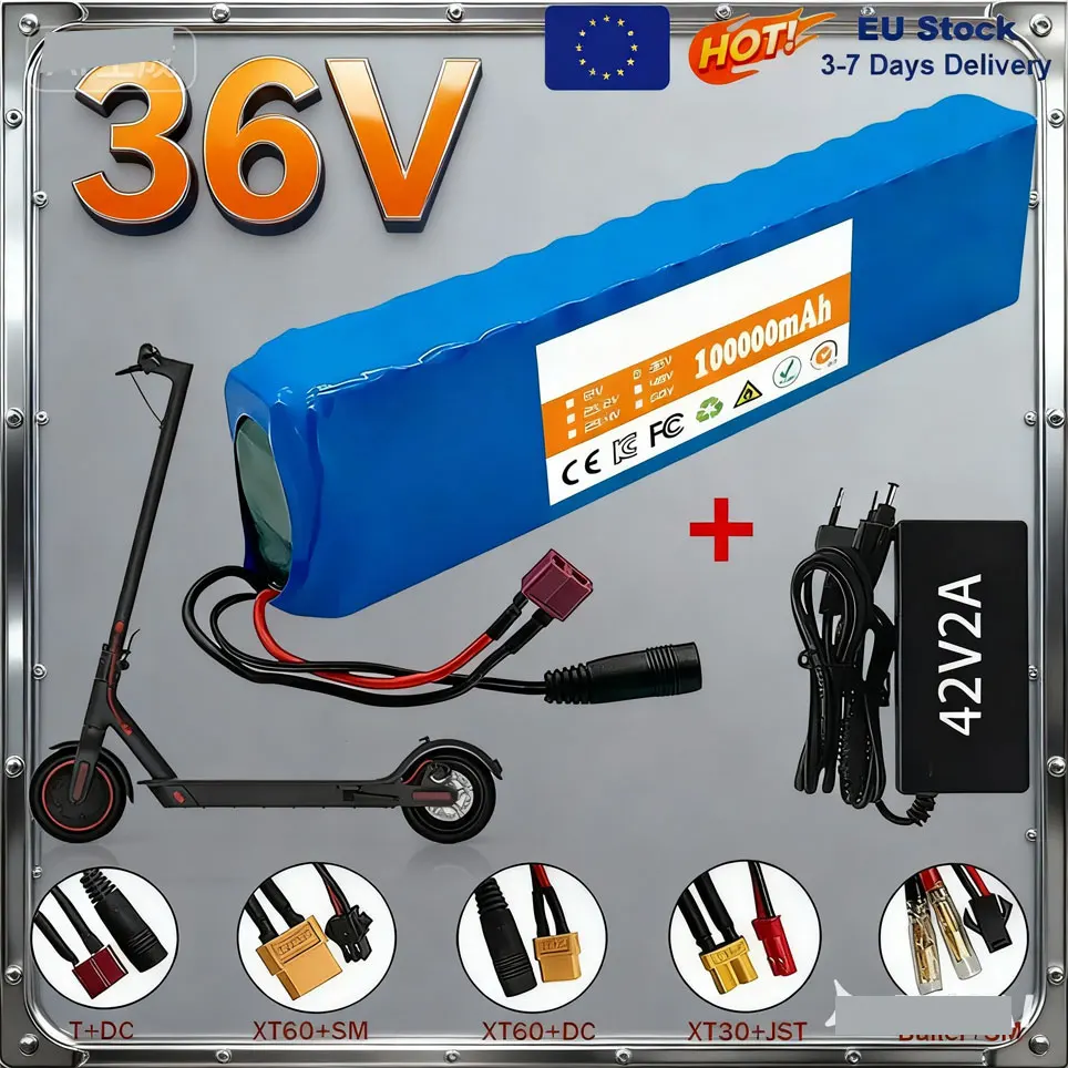 Batteria al Litio Ricaricabile 36V 100Ah 18650 10S3P 1000W con BMS per Bicicletta e Scooter + Caricabatterie