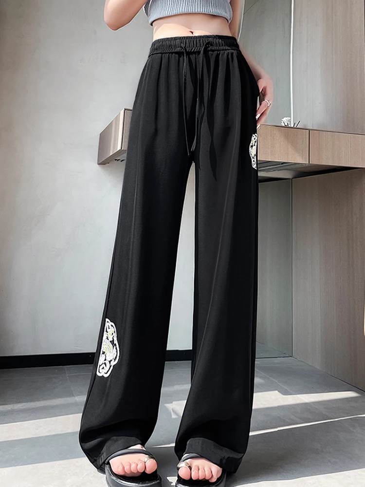 

Embroidery High Waist Elegant Wide Leg Pants Summer Female Casual Loose Straight Trousers Pantalones