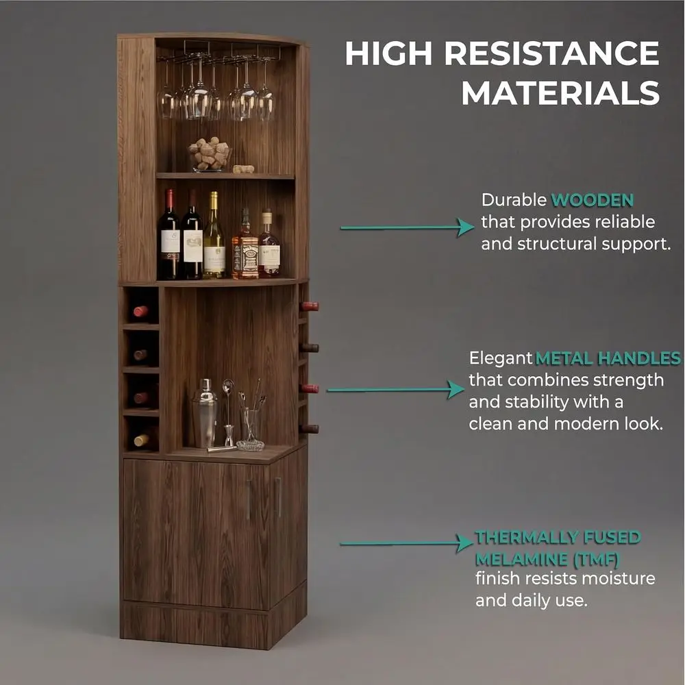 Syrah Bar Cabinet, Tall 71.1" Liquor Cabinet with Stemware Rack, 8 Bottle Cubbies, 2 Do& Open Shelves, Triangular Wine Bar Cabin view 5