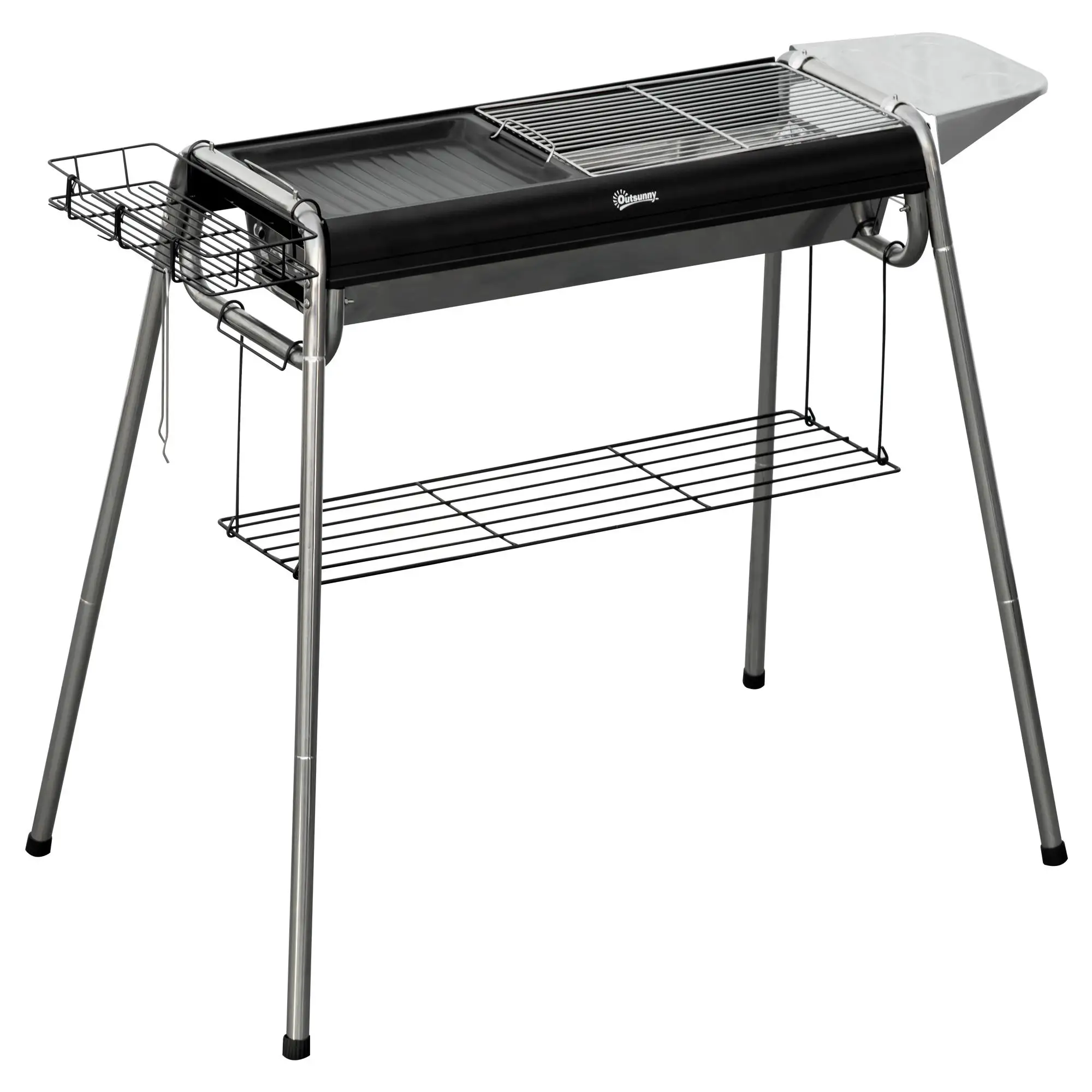 Barbecue Outsunny pour charbon de bois 107x63x75 cm avec acier moulé, 8-15 portions, camping, terrasse, support de rangement