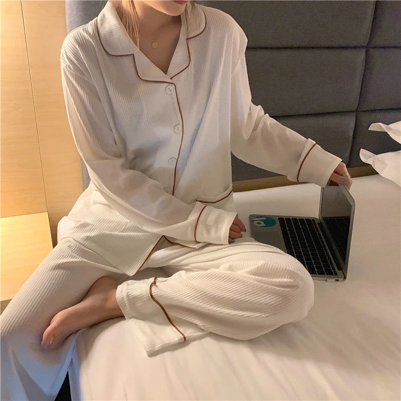 Autumn Pajama Sets Women Japanese Long Sleeve V-neck Loose Lounge Sleepwear Sweet Fairy Simplicity Pyjama 2 Pcs Student Homewear