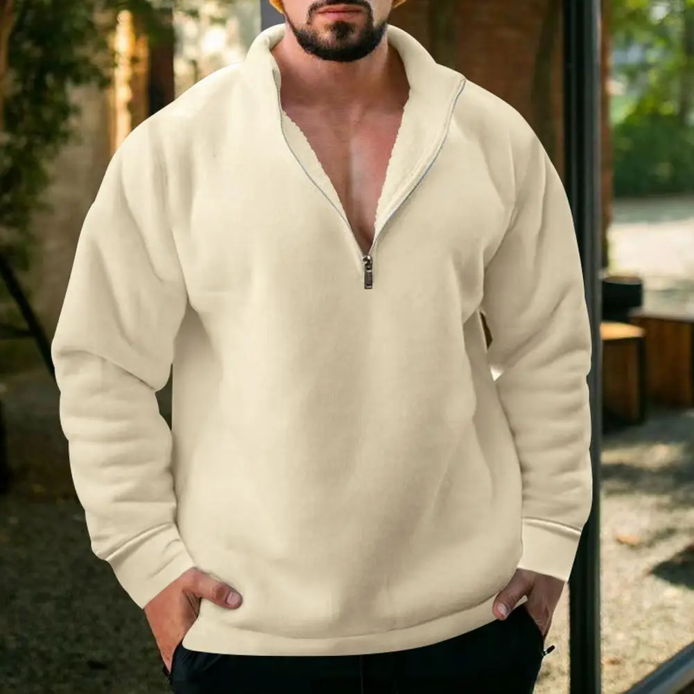 Men Half Zipper Fleece Sweater Top Solid Color Windproof Autumn Winter Long-sleeved Lapel Sweatshirt