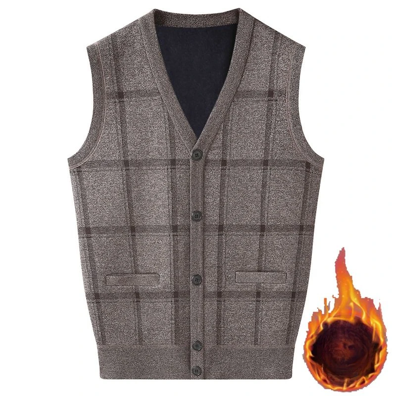 

2024 Men's Autumn Winter New Plaid Sweater Waistcoat Male V-Neck Sleeveless Knitted Coats Men Button Cardigan Thicken Vest D750