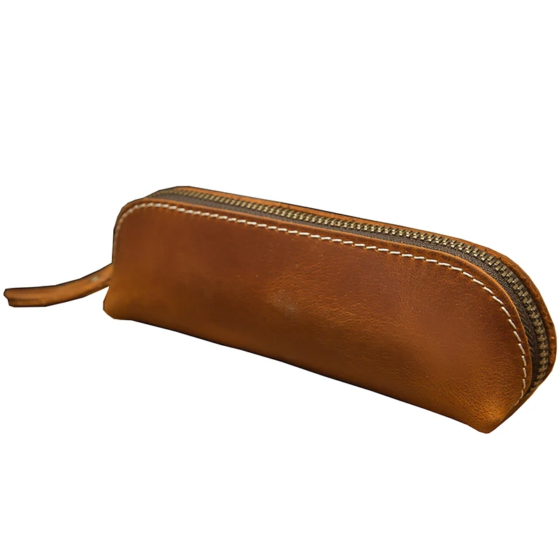 Vintage Genuine Leather Zipper Pencil Case Cowhide Leather School Office Stationery