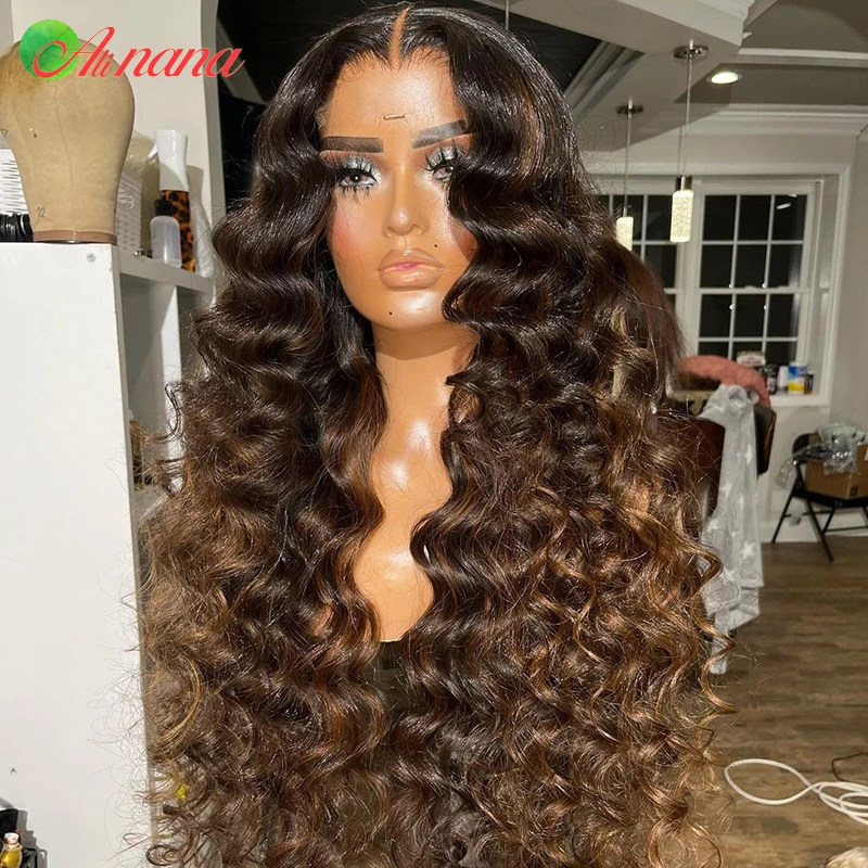 30 Polegada 13x6 ombre brown onda profunda solta peruca frontal do laço pré-arrancado 5x5 perucas do fechamento do laço destaques perucas do cabelo humano para mulher