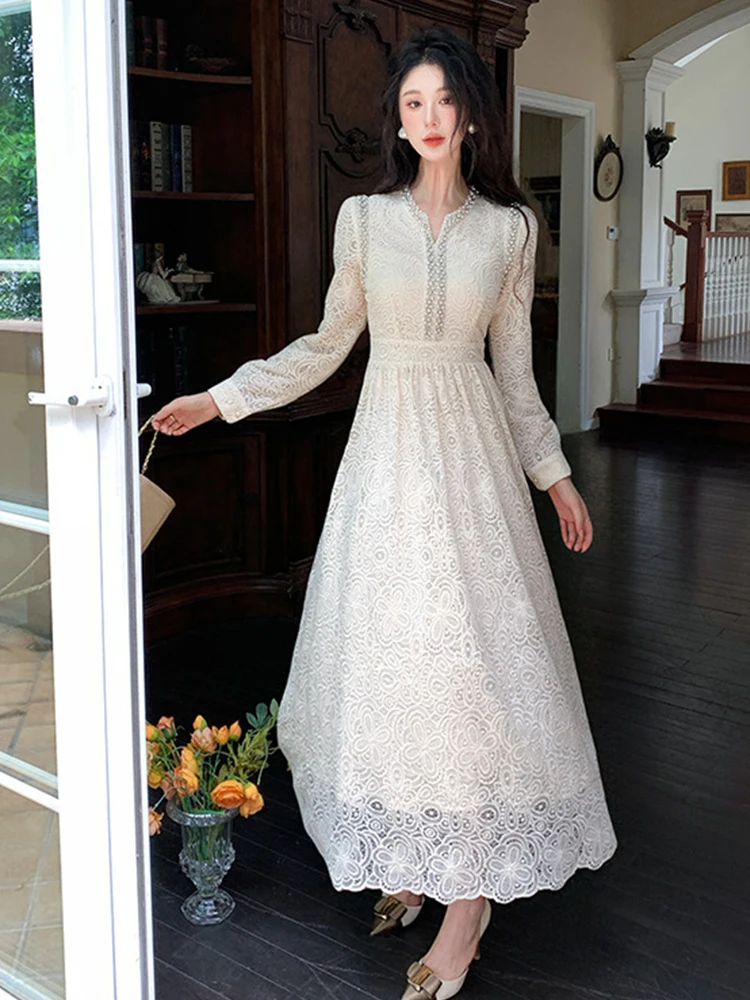 ชุดเดรสยาวสไตล์หวานแบบแฟรี่คอร์สำหรับผู้หญิง เสื้อผ้าผู้หญิงหรูหรา ผ้าลูกไม้โปร่งปักลายเพชร ชุดราตรีงานเลี้ยง ชุดออกงาน ชุดฤดูใบไม้ผลิ