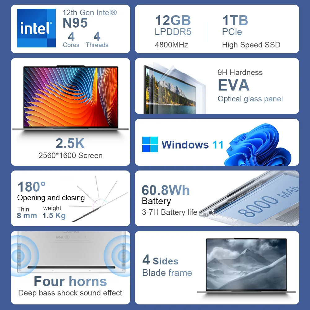 Ноутбук DERE M16, 16 дюймов 2,5 K 512x0 IPS Intel N95 12 ГБ DDR5 ГБ SSD клавиатура с подсветкой, офисный компьютер для учебы, Windows 11 ноутбук