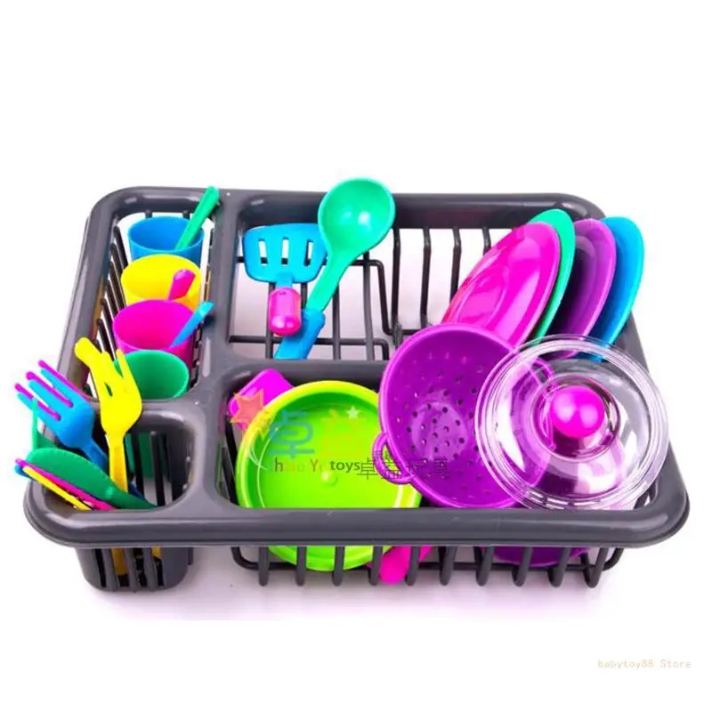 

Y4UD Kitchen Toy Tableware 28pcs Simulation Dishware with Bowl Drainer Basket Spoon Dollhouse Accs Pretend for Play Toy Girl