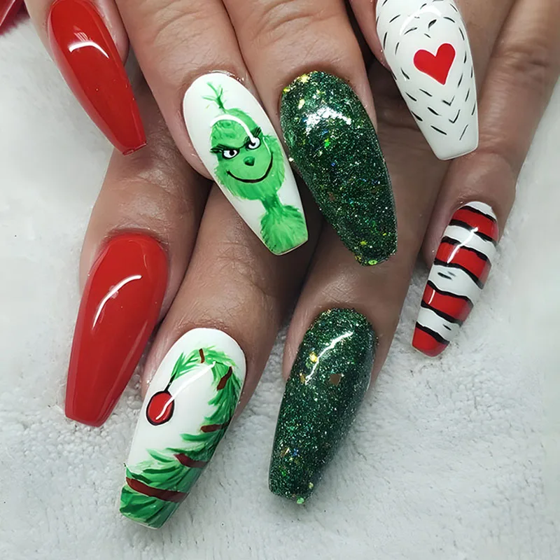 

24pcs Quirky Christmas Press-On Nails – Long Square Shape with Green Glitter Monsters, Red Hearts & Candy Stripe Patterns
