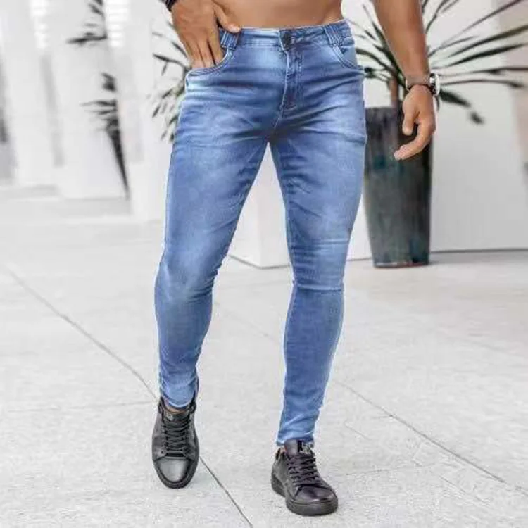 Men Jeans Print High Waist Distressed Pencil Pants Denim Washing Slim Fit Sheath Pockets Slight Strech Zipper Ankle Length