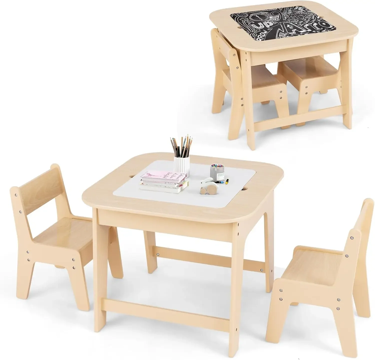 Kids Table and Chair Set, 3 in 1 Wooden Activity Table with Removable Tabletop, Blackboard and Whiteboard for Toddlers Ar