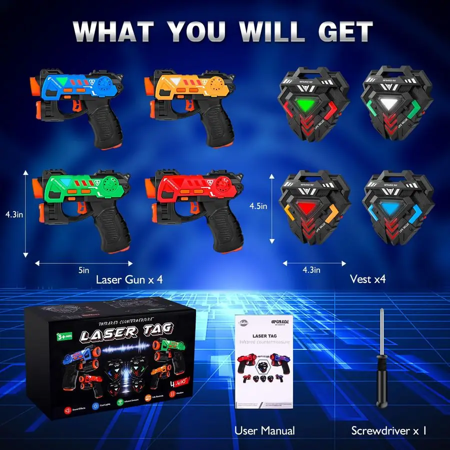 Tag Guns Set of 4, Laser Tag for Boys Age 812 with 4 Infrared Vests amp 4 Laser Guns, Multi Players Sports amp Outdoor Play Toys