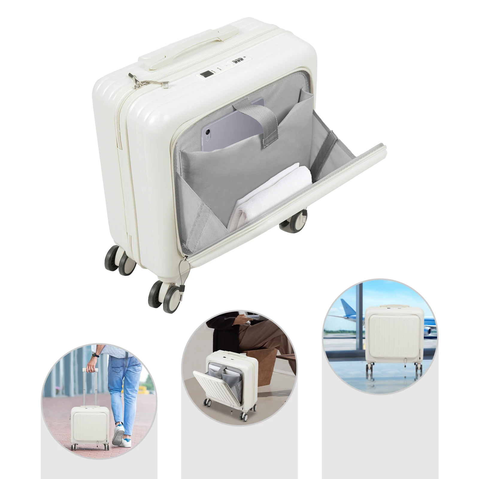 

18" White Travel Luggage Suitcase, Boarding Suitcase For Short-Distance Tourism, Boarding Suitcase, Suitcase With Front Pocket