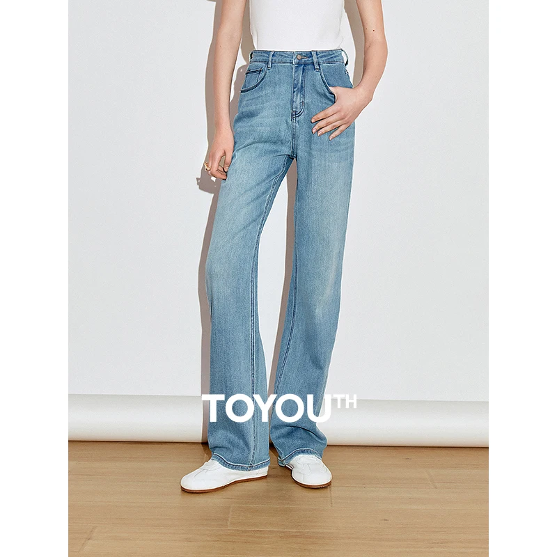 TOYOUTH Women Denim Jeans 2025 Spring New Light Blue Mid Waist High Elastic Straight Leg Long Pants