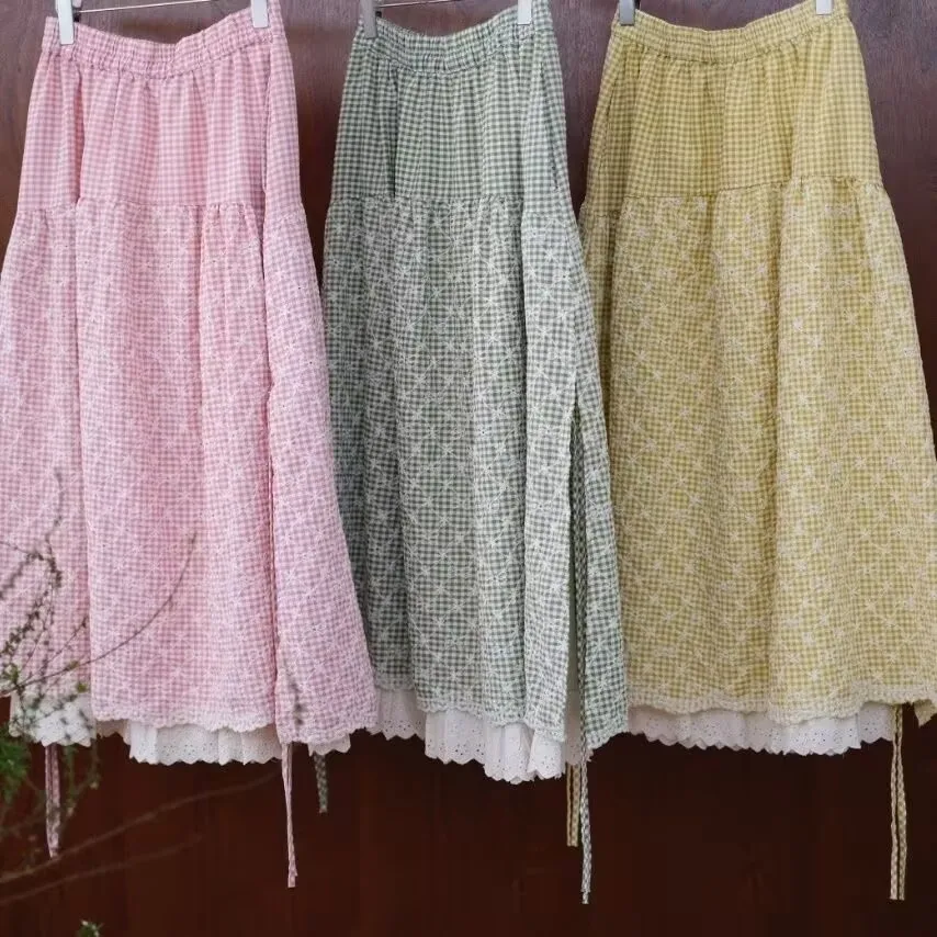 

2025 New Spring Sweet Plaid High Waist Cotton Skirt Mori Casual Loose Lace A-line Women Skirts