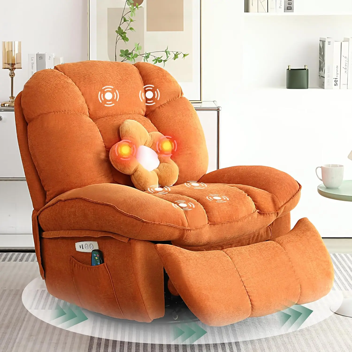 Power Recliner Swivel Rocker Massage Heat Electric USB Type-C Living Room Bedroom Chenille Orange, Customized