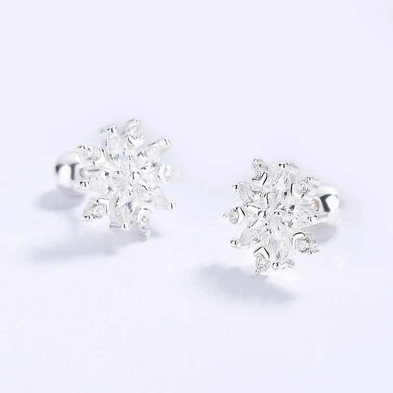 Trustdavis Real 925 Silver Sweet Snowflake CZ Screw Stud Earrings for Women Daily Wear Jewelry Gift DG0061