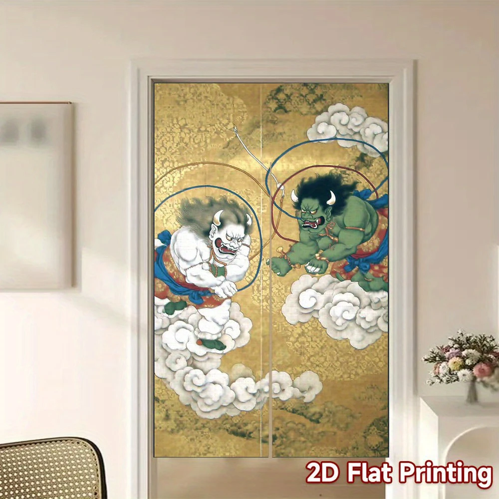 VIKAMA Wind God Thunder God Noren Curtain Japanese Ukiyo-e Half Door Kitchen Entryway Divider Decor