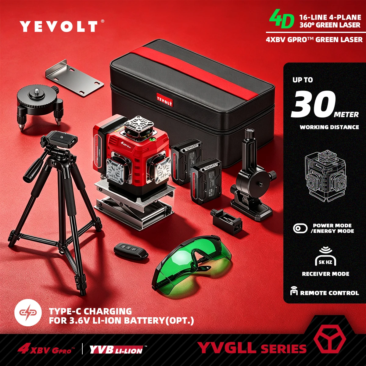YEVOLT Outil laser croisé 4D vert 16 lignes à auto-nivellement pour le bricolage domestique, la pose de cadres de porte, la pose de revêtements de sol, la décoration murale et les travaux de mise en place