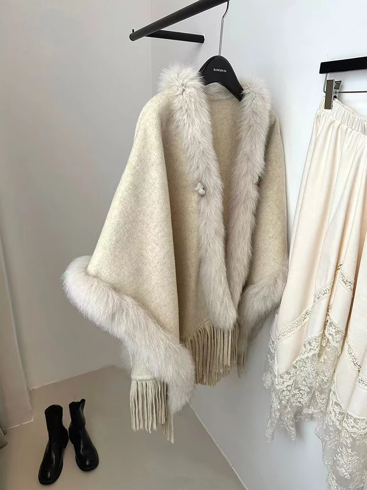Elegant Faux Wool Shawl for Women Y2K Korean Loose Fluffy Fur Collar Lady Cloak Spring New Luxury Ladylike Style Tassel Coats