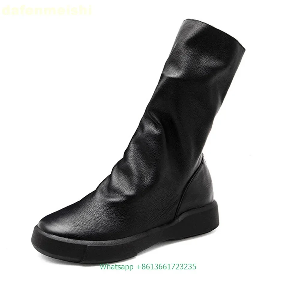 2025 Winter Warme Fleece Mode Laarzen Zwart/bruin Koeienhuid Platform Terug Rits Laarzen Ronde Neus Effen Kleur Dames Halfhoge Laarzen
