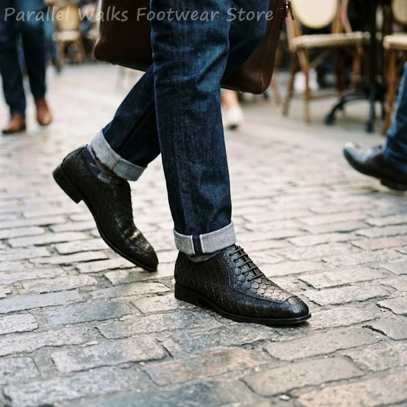 Sartorial Men Oxfords Fish Scale Embossed Leather Brogue Wingtip Pointed Toe Lace Up Formal Business Derby Wedding Shoes Oxfords