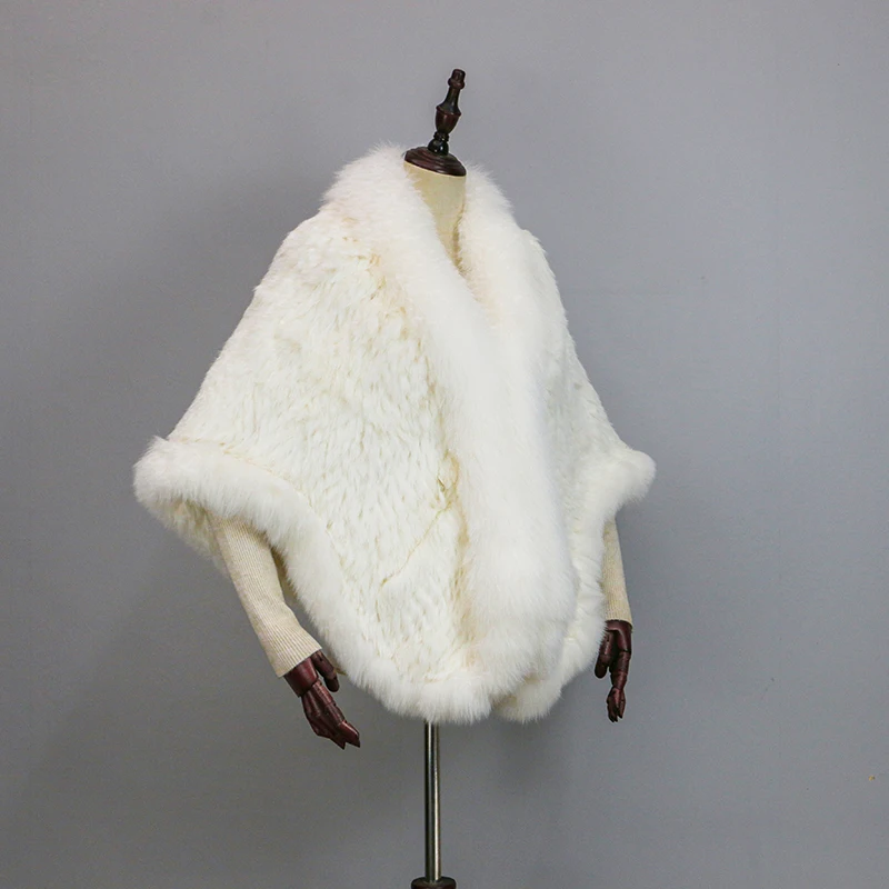 Women 100% Real Rabbit Fur Cape with Fox Fur Collar Winter Warm Knitted Cloak Rabbit Fur Poncho Girls Party Fashion Shawl Scarf
