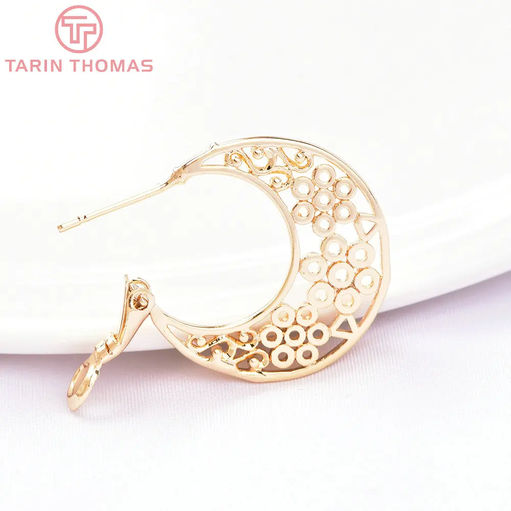 (6675) 6PCS 22x26MM 24K Gold Color Brass Semicircle Hollow Out Earrings Hoop High Quality Jewelry Making Findings Accessories