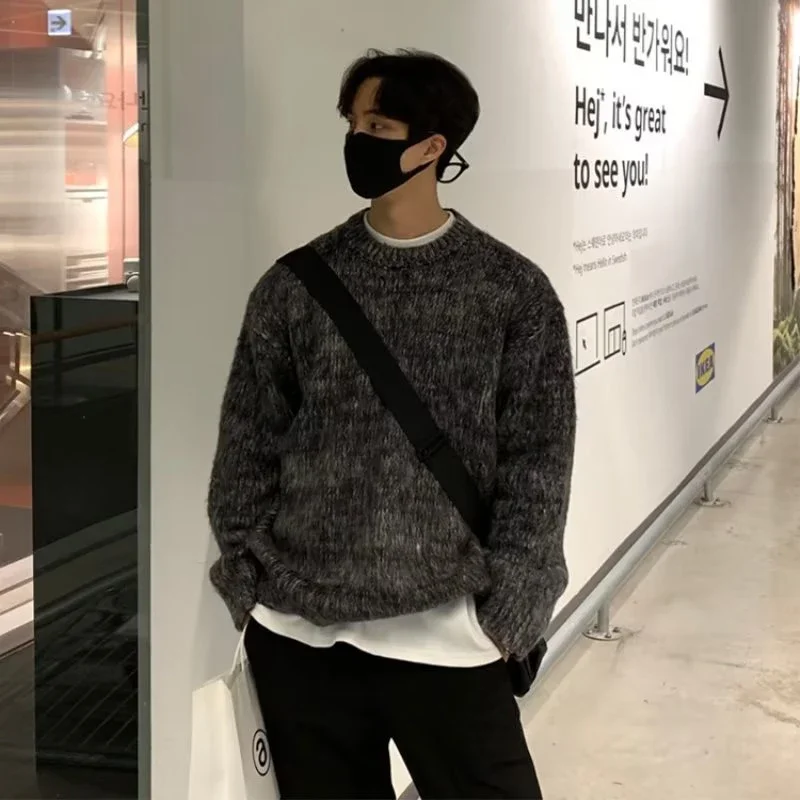 

Korean Men Panelled Sweater Autumn Winter Top O-neck Design Thick Warrm Pullover Knitwear Japanese Chic Male Casual Jumper