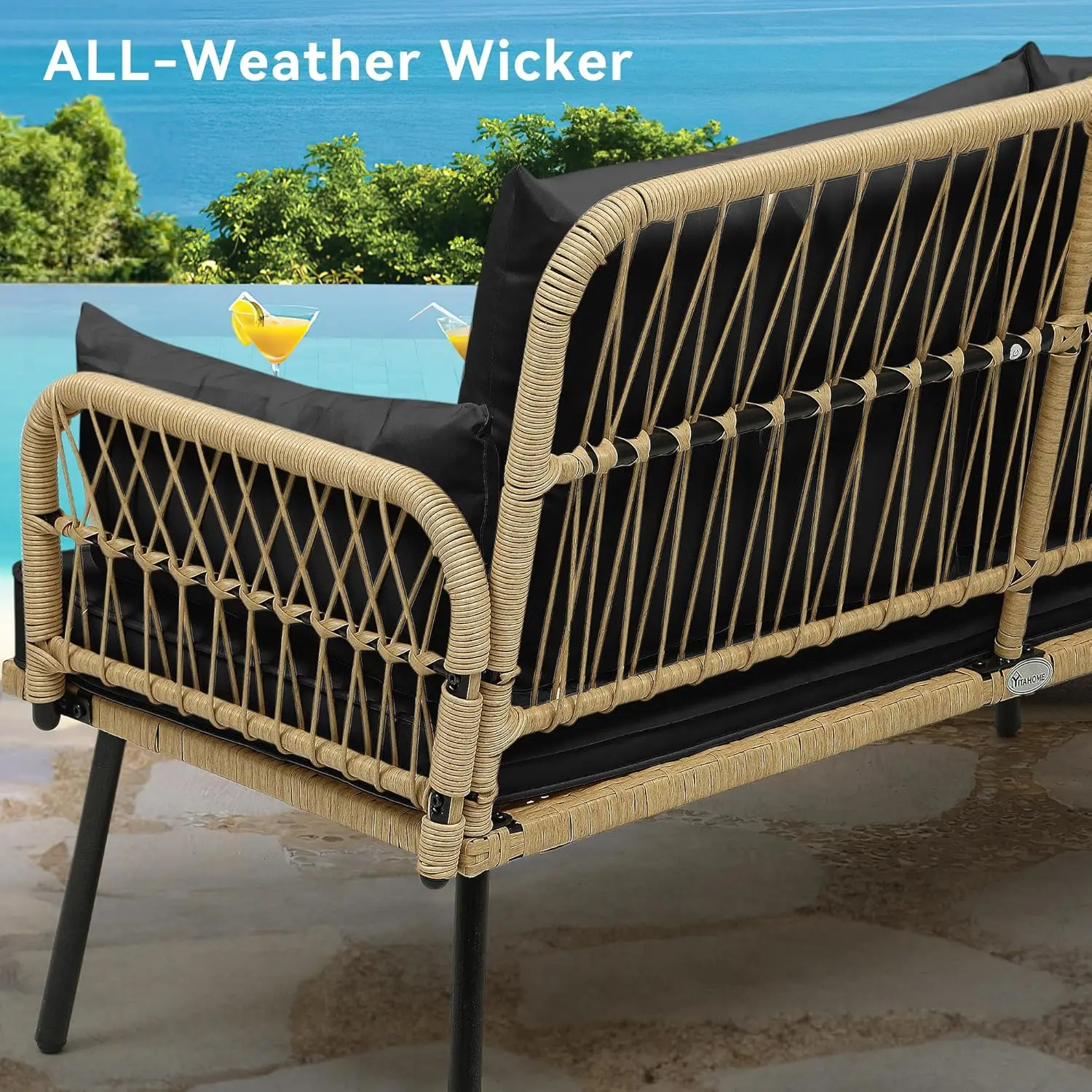 Patio Furniture Wicker Outdoor Loveseat, All-Weather Rattan Conversation for Backyard, Balcony and Deck with Soft Cushi