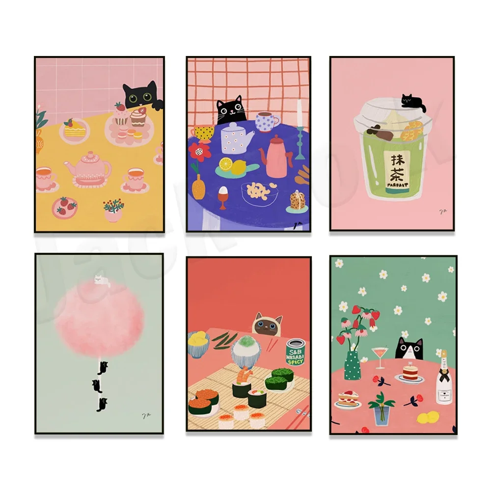 Black cat lemon blueberry cake, marshmallow cat, tuxedo cat, orange tree and black cat, kitchen matcha drink black cat poster
