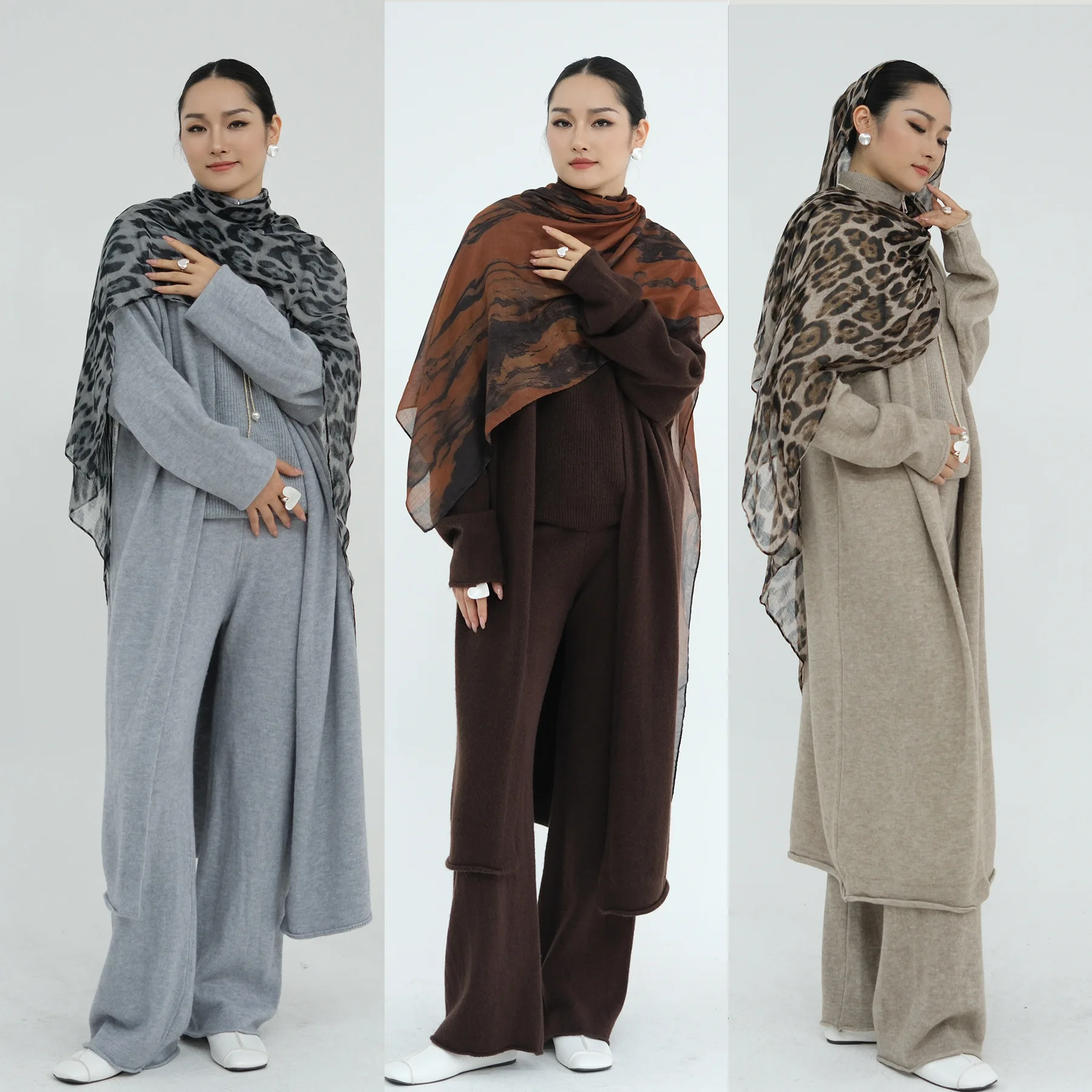 

3 Piece Abaya Winter Muslim Sets for Women Knit Tops Pants Islamic Outfit Sweater Warm Dress Dubai Kaftan Musulmane Ensembles