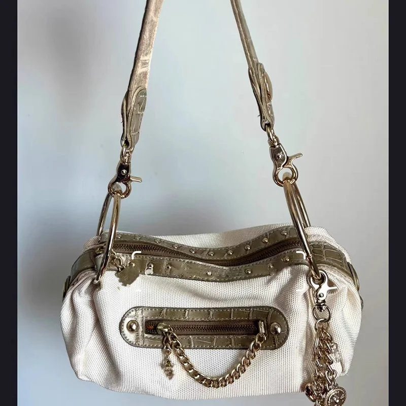 

Ретро-сумка для мотоциклистов в стиле Y2K с заклепками, джинсовая холщовая сумка с металлической цепочкой, стильная женская сумка через плечо на молнии