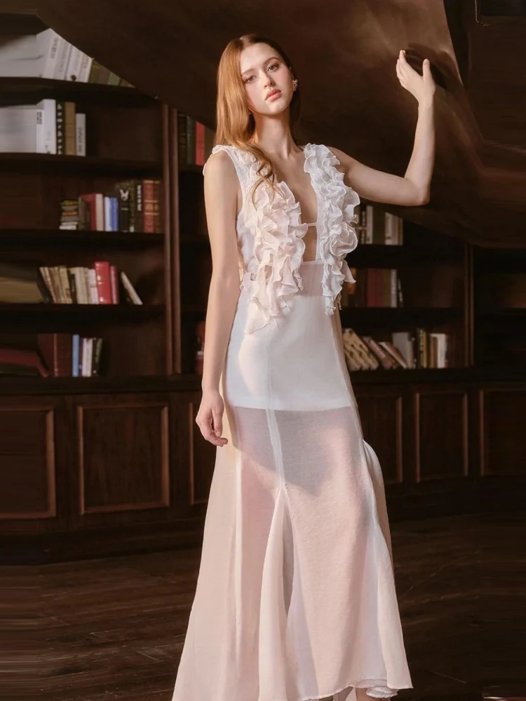 Vestido largo sexi con escote en V profundo y volantes con cordones y flores para mujer, vestidos ajustados florales sin mangas y espalda descubierta para fiesta de cumpleaños y cóctel