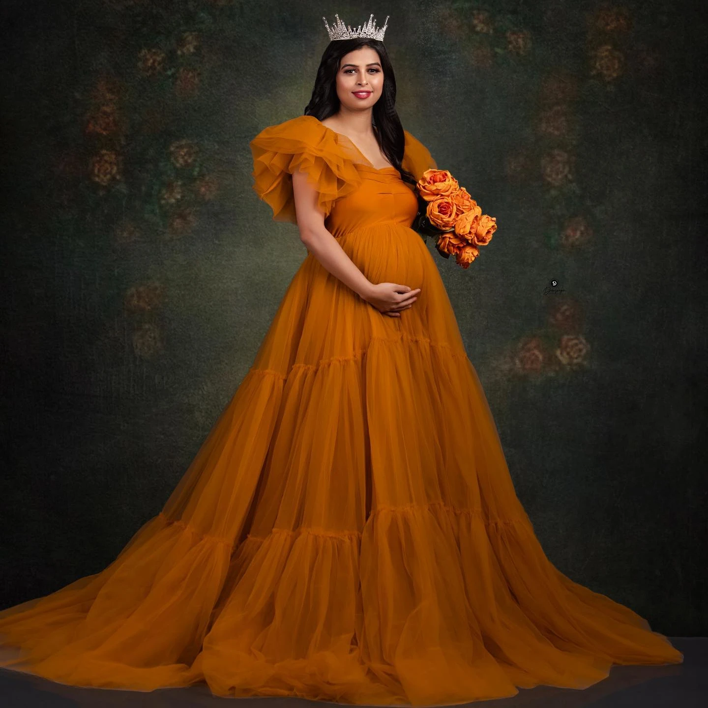 Sexy A Line Orange Tulle Maternity Robes for Photo Shoot Sweep Train Pregnant Women Dresses Ruffles Customized Baby Shower Gowns