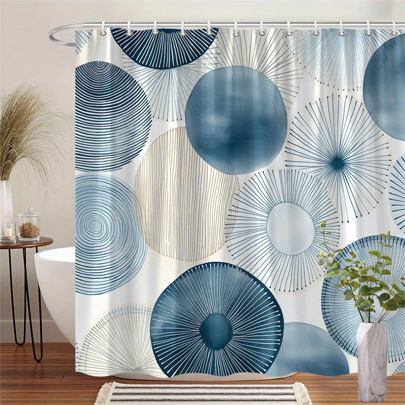 

1 шт., сине-бежевая занавеска для душа с круглым узором, машинная стирка из полиэстера с крючками, подходит для украшения ванной комнаты