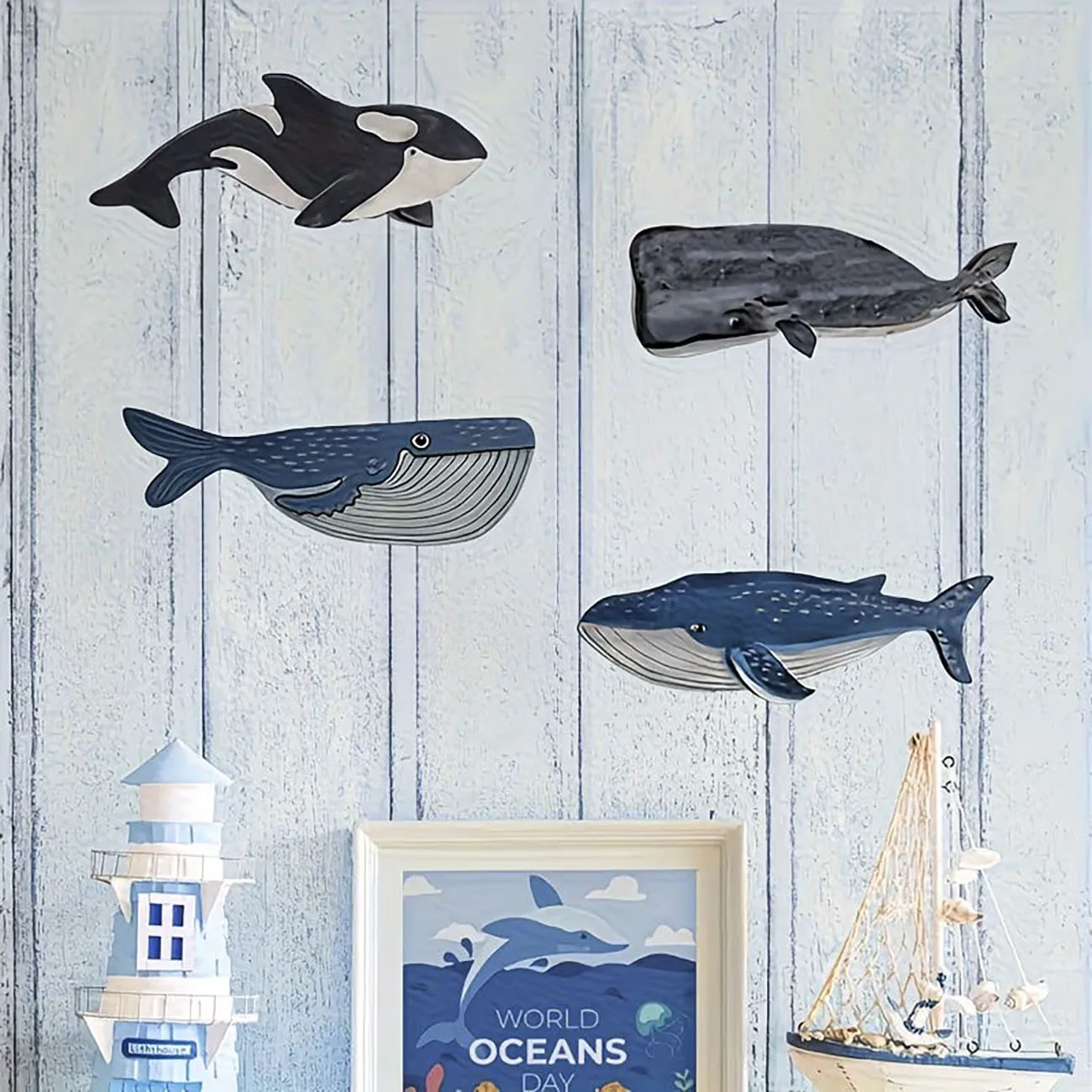 Juego de 4 piezas de decoración de pared de madera con forma de ballena, adornos recortados de orca y ballena espada con cinta nano, decoración de pared estilo náutico sin necesidad de taladrar