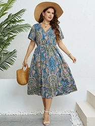 Casual Elegant Vintage Bohemian Style V-Neck Women Plus Size Clothing Summer Short Sleeve Paisley Printed A-Line Long Dresses