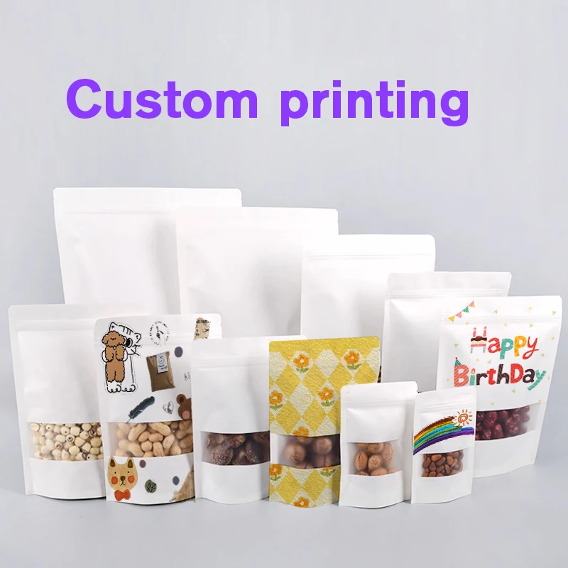 Custom Printed White Kraft Paper Window Zipper Bag For Packaging Peanuts, Sugar, Nuts, Seasonings Pouch