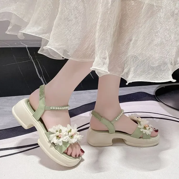 First Bloom Platform Sandals For Women Flower Pearl Chain Ankle Strap Elastic Back Thick Sole Summer Walking Shoes_vogvips.com