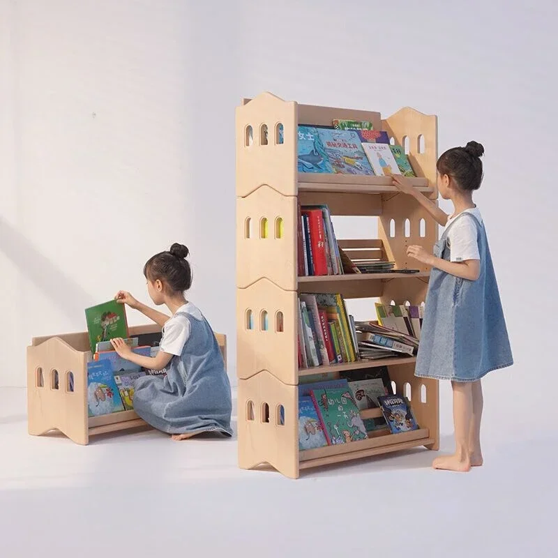 All solid wood children's bookshelf reading picture book rack stackable floor shelf combination baby toy storage