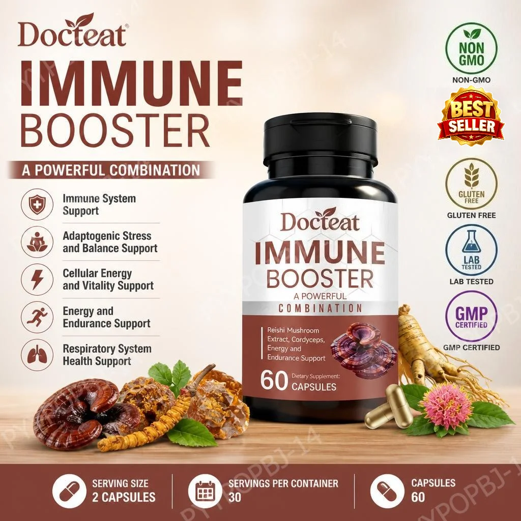 Docteat Reishi Cordyceps Ginseng Herbal Blend Capsules with Propolis and Rhodiola 60 Count Immune Support for Adults